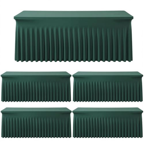 Image of Outpain 6ft Spandex Table Cloth for Standard Folding Tables-4Pack Hunter Green Table Cloth Table Protector for Party, Wedding, Cocktail, Banquet, Festival