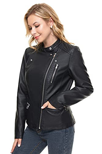 Fahsyee Leather Jacket for Women Faux Stand Collar Zip Up Motorcycle Short PU Moto Biker Outwear Coat4