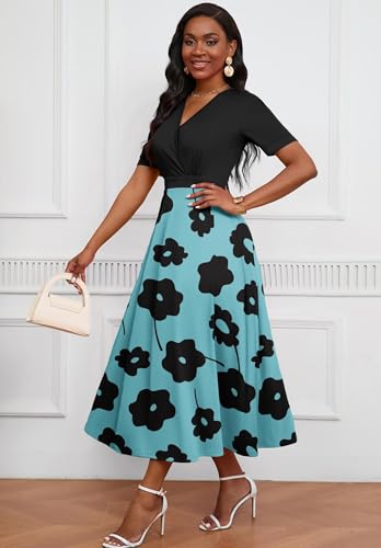 Image of MarryUP Women's Midi Dresses - V Neck Cocktail & Church Tea Dresses - Short Sleeve A-Line Swing Dress