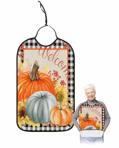 LEOKOTI Pumpkins Fall Adult Bibs for Eating, Waterproof Bibs with Food Catcher & Adjustable Snap Closure, Thanksgiving Sunflower Black Plaid Washable Clothing Protectors Adult Bibs for Elderly