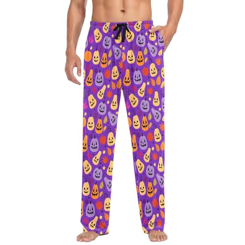 Halloween Pumpkin Purple Men's Pajama Pants Cotton Sleep Bottoms with Drawstring A2304450