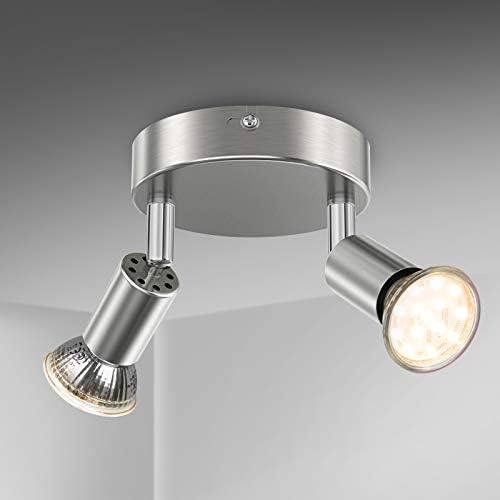 Creyer LED Ceiling Light Rotatable, 2 Way Round Plate LED Ceiling Spot Lights, ø110mm (Including 2x4W GU10 LED Light Bulbs, 400LM, Warm White) LED Ceiling Lamp for Kitchen, Living Room - Matt Nickel