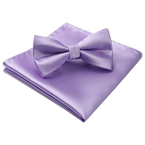 Image of HISDERN Bow Ties for Men Solid Color Pre-Tie Bow Tie and Pocket Square Set Classic Formal Tuxedo Bowties for Wedding Party