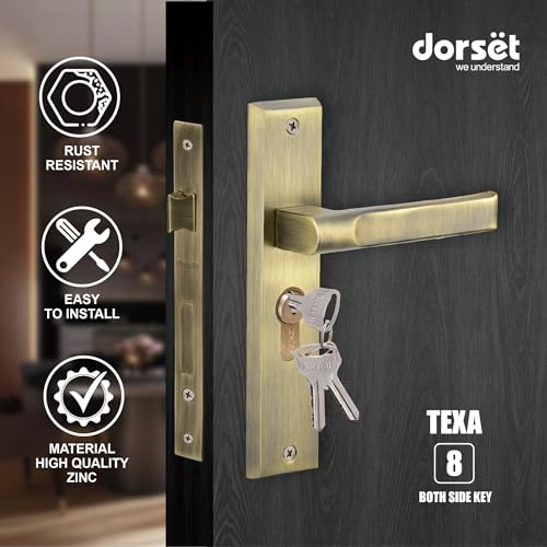 Image of Dorset Texa Mortise Lock for Door - Both Side Key Cylinder, 60 mm | Texa Handle on Plate 8 inch - Lockset for Main Doors /Bedroom Doors | Antique Finish, 3 Keys - HLTEXPT