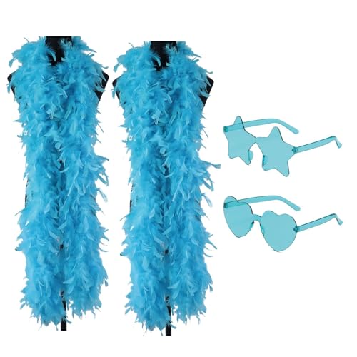4PCS Blue Feather Boas Multipack 2M Lake Blue Feather Boa with Heart & Star Glasses Costume Accessories for Dance Performances and Party Celebrations Wedding Attire and Cosplay Events