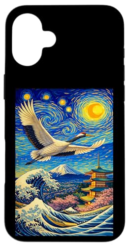 Flying Japanese Red Crowned Crane in The Starry Night Paint �X�}�z�P�[�X iPhone 16 Plus �p