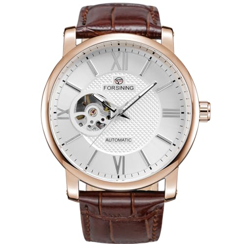 FORSINING Montre mécanique à remontage automatique pour homme avec grand cadran et bracelet en cuir, 5-Marron, Classique