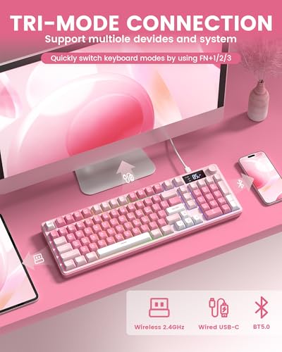 Image of Keymatic Gaming Keyboard Wireless Creamy Keyboard with Media Knob & Screen Cute Keyboard Mechanical Feeling with Number Pad RGB Backlit Tri-Mode BT /2.4GHz /USB-C - Pink