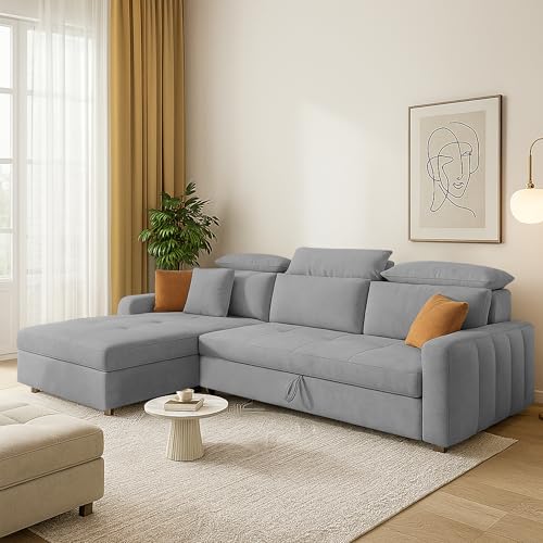 Image of Casaliving Gagnon LHS 4 Seater L Shape Corner Sofa Cum Bed for Living Room (Grey Fabric) Premium Fabric Sofa