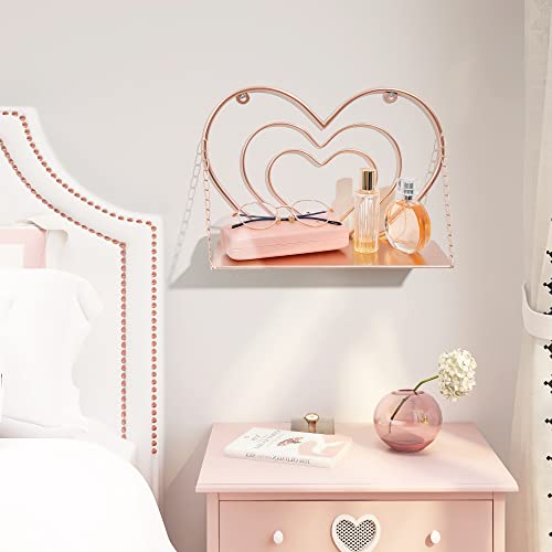 Mazjoaru Floating Shelves Rose Gold Multi-Layer Heart Shape Design Hanging Shelves Pink Room Decor, Cute Pink Chain Metal Wall Mounted Shelf For Bedroom, Nursery, Living Room #TOP4