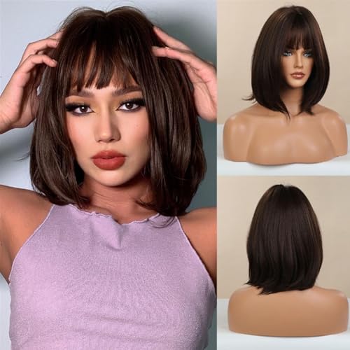 Perruque Bob brune naturelle : coupe courte lisse aux pointes courbées de qualité