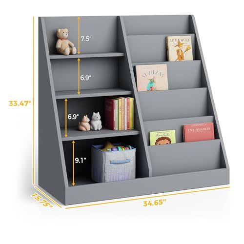 Image of Tatub 6 Tier Kids Wooden Bookshelf and Toy Storage, Children Toy Organizer with Book Shelves, Toddler BookRack Baby Bookcase for Nursery, Playroom and Classroom, Gray