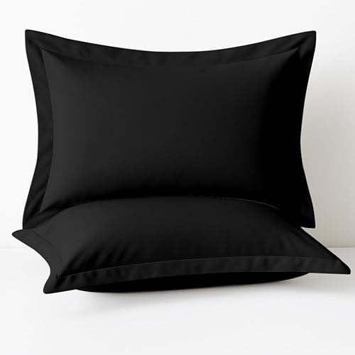 Juego de 2 fundas de almohada de tamaño estándar de 20 x 26 pulgadas, 600 hilos, 100 % algodón orgánico, color negro, con reborde de 2 pulgadas,
