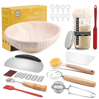 Clheatky Sourdough Starter Set, Complete Sour Dough Starter Kit With Jar, 23cm Round Banneton Proofing Baskets, 11 PCS Bread Making Accessories, Bread Fermentation Basket Gift Set for Baking Lover