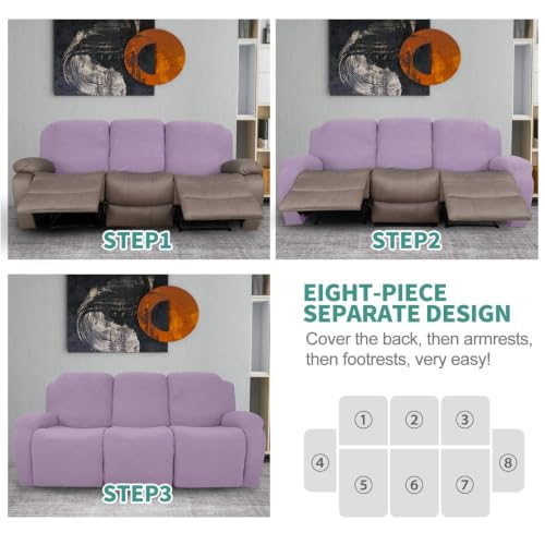 Image of YEMYHOM 8 Pieces Stretch Recliner Sofa Cover Jacquard Reclining Couch Cover with Side Pocket Anti-Slip Fitted 3 Cushion Furniture Slipcovers with Elastic Bottom (Sofa Recliner, Light Purple)