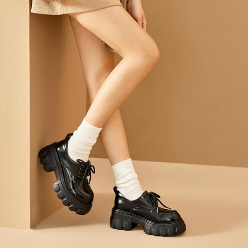 Image of BEAU TODAY Platform Oxfords for Women, Oxford Shoes for Women, Chunky Leather Lace Up Oxfords,Casual Comfortable Breathable Non-Slip Dress Shoes for Work Business