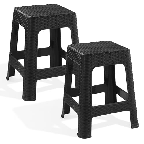 Kuber Industries 2 Pcs Plastic Optima Seating Stool Suitable for Indoor & Outdoor Use | Anti-Slip Stool for Adult & Senior Citizen-Friendly Design | Black