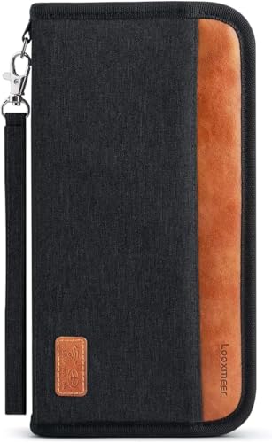 Looxmeer Portadocumentos para Viaje, Cartera de Pasaporte Familiar con RFID, Funda Pasaporte Grande para Hombre Mujer, Organizador Documentos Billetes Tarjetas, Negro&Naranja