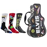 PERRI'S SOCKS Elvis Presley Guitar Tin Sock Box - Licensed Elvis Presley Merchandise for Women and Men, 3 Pairs of Printed Crew Socks, Size 7-12, Breathable Fabric, Unisex