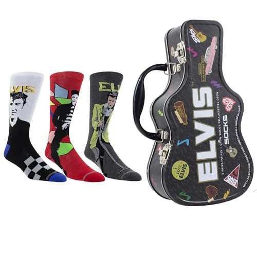 PERRI'S SOCKS Elvis Presley Guitar Tin Sock Box - Licensed Elvis Presley Merchandise for Women and Men, 3 Pairs of Printed Crew Socks, Size 7-12, Breathable Fabric, Unisex