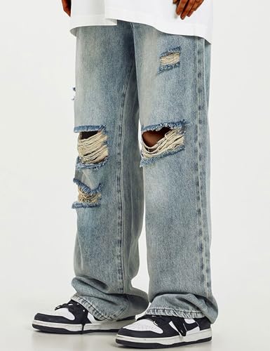 FCOOLYEET Men's Baggy Jeans Y2k Grunge Distressed Ripped Jeans Streetwear Wide Leg Hip Hop Denim Pants with Holes4