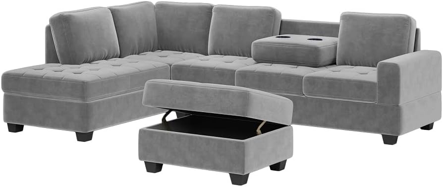Camden Gray Velvet L-Shaped Sectional Sofa with Reversible Chaise and with Storage Ottoman