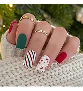 Christmas Press on Nails Short Square Red Green Winter Fake Nails Matte Full Cover Candy Cane Fal...