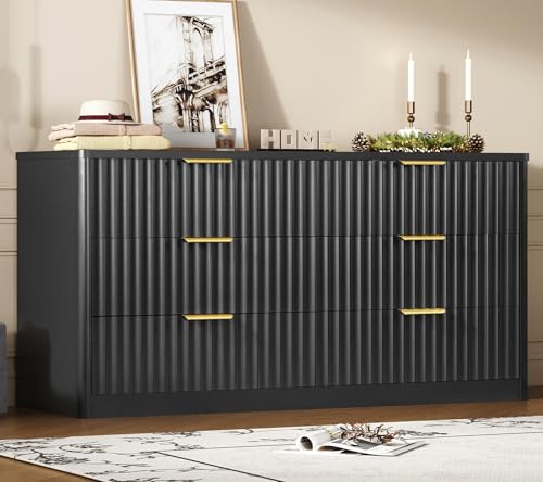 Image of TEENFON Fluted 6 Drawer Dresser for Bedroom, Wide Modern Chest of Drawers with Metal Handle, Curved Profile Design, Wood Closet Clothes Storage Organizer for Bedroom, Living Room, Hallway, Black