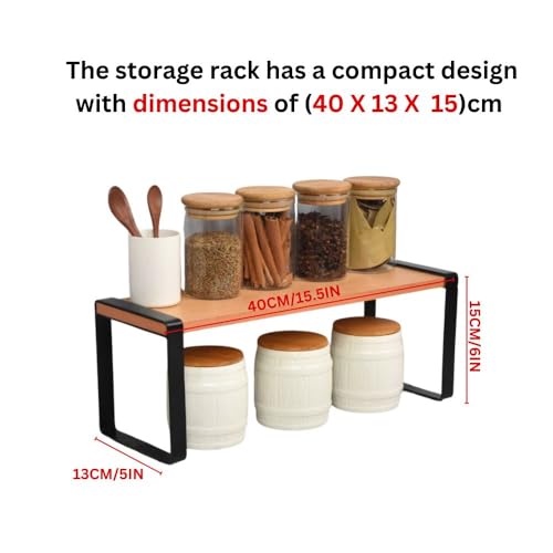 Image of Decorlay Metal & Wooden Spice Rack Organizer Space Saver Counter-top Storage for Kitchen, Bathroom, Office, and Cosmetics (Black + Beech, Single - Tier)