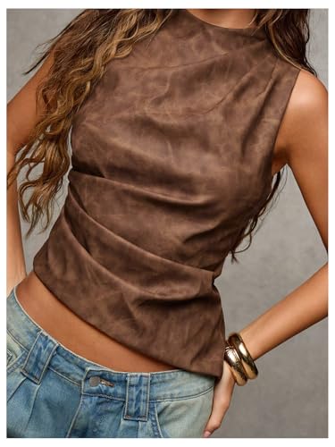 MakeMeChic Women's Mock Neck Sleeveless Tank Top Ruched Asymmetrical Shirt Tops3