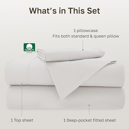 Image of California Design Den 500TC 100% Cotton Twin Size Sheets Set, True Ivory | Good Housekeeping Seal, OEKO-TEX Certified, Silky-Soft Sateen Weave, 3pc Set, 15 inch Deep Pockets, For Hot Sleepers, All-Season