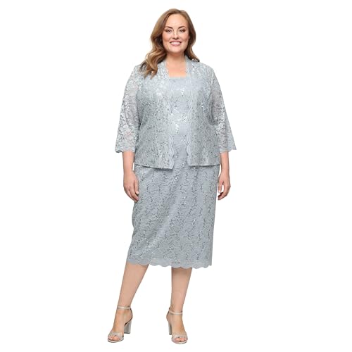 Image of S.L. Fashions Women's Tea Length Sequin Lace Mother of The Bride Dress with Illusion Sleeve Jacket