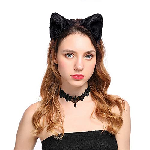 Dodheah Orejas de Gato Orejas de Zorro Diadema Mujer Niñas para Cosplay Disfraz de Halloween Carnaval Negras