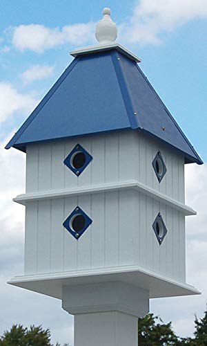 Wing & A Prayer Plantation Bird House with Cobalt Blue Roof – Two Level PVC Bird Condo with 1.5 in Entrances, Finial Top & 4x4 Post Mount Collar
