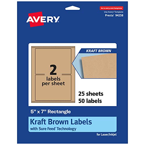 Avery Kraft Brown Rectangle Labels, Sure Feed Technology, 5" x 7", 50 Kraft Brown Labels, Laser/Inkjet Printable