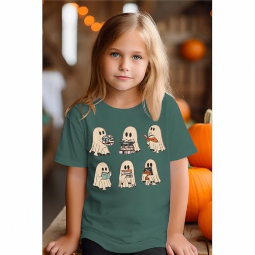 KEKEMI Kid Girls Halloween Shirts Cute Ghost Reading Books T-Shirt Spooky Bookish Outfit Librarian Halloween Party Tees Tops2