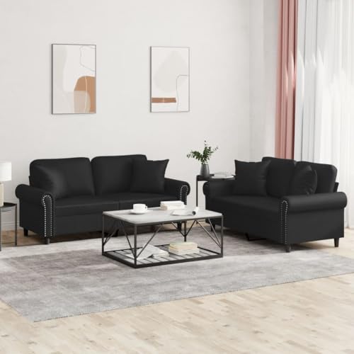 Ordellia Juego de 2 piezas de sofá de piel sintética negra, estructura de metal resistente, acolchado cómodo, para salón, sofá duradero con 8 cojines