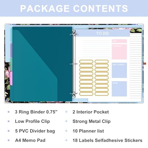 Image of 3 Ring Binder, 0.75 Inch Binder Organizer with 5 Tab Dividers, File Folder Labels, A4 Memo Pad & to Do List Planners for Women, Men, School Supplies and Office Supplies, Flowers