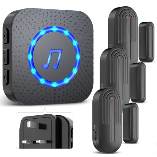 SANJIE Wireless Door Alarm Sensor Chime for Home Business Shop Office When Entering,Shop Entry Alarm, 800FT Long Range,55 Ringtones 5 Volume Level,1 UK Plug in Receivers 3 Sensor,Black