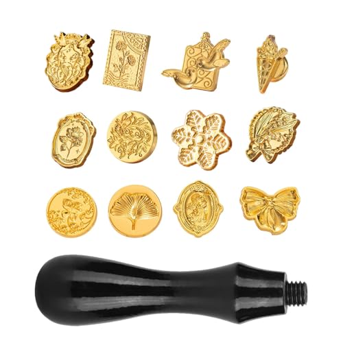 VIVIIHOO Siegelstempel Set, 12 Stück Wachs Stempel inkl. Holzgriff, siegelwachs Stempel für Umschlag Einladung Brief Geschenkverpackung, wachsstempel personalisiert mit klassischen Mustern