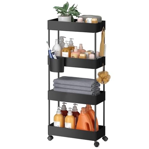 Pipishell Slim 4 Tier Rolling Utility Cart for Bathroom, Kitchen, Laundry Room and Office