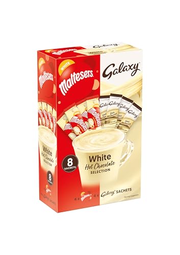 Maltesers & Galaxy White Hot Chocolate Sachet Selection 25g x 8 | Hot Chocolate Gift Set Featuring 2 White Chocolate Flavours