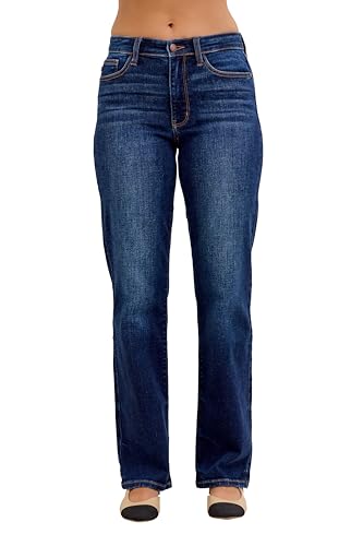 Judy Blue Womens Jeans - Mid Rise Straight (Multiple Inseam Options) (13, Dark Blue)