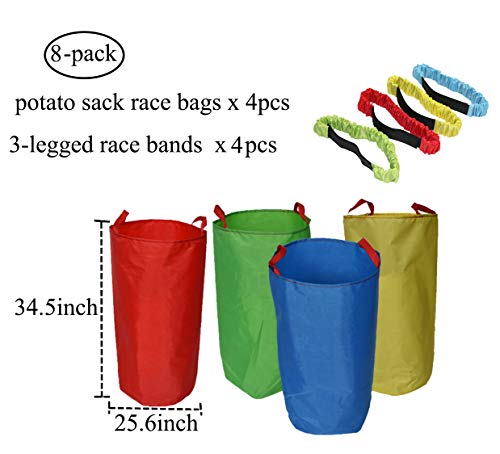 Potato Sack Race Bags (4 Pack) with 3-Legged Race Bands (4 Pack)