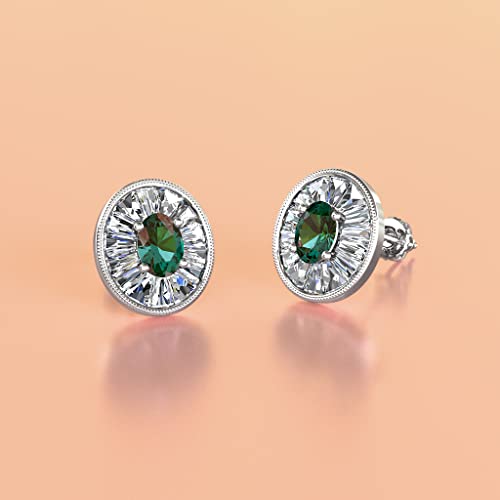 Oval Cut Created Alexandrite & Baguette Natural Diamond 1.16 Ctw Women Milgrain Halo Stud Earrings 14K White Gold #TOP1