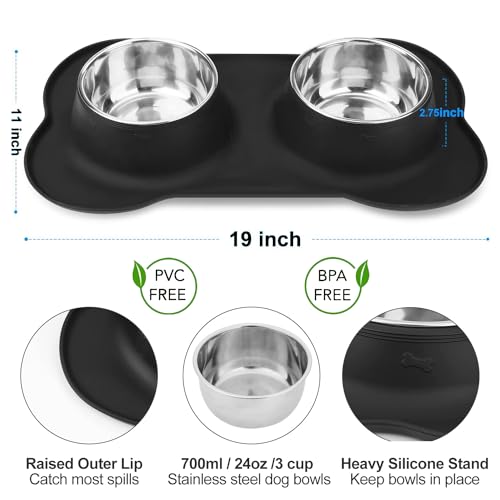 AsFrost Dog Food Bowls Stainless Steel Pet Bowls & Dog Water Bowls No Spill Non Skid, Feeding Bowls with Dog Bowls Silicone Mat for Small Medium Large Size Dogs, Cat Pet Dog Dishes Set, Black, 3 Cup - Thumbnail 2
