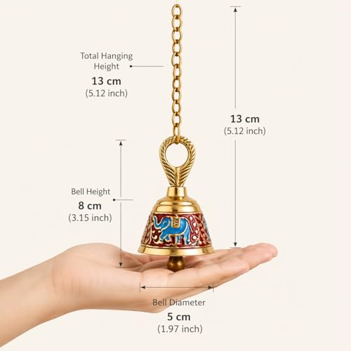 Image of Brass Pooja Hanging Bell with Chain (Red, Single Piece) | Decorative Mandir Ghanti for Door Wall | Handcrafted Temple Bell for Home Decor, Vastu & Spiritual Use