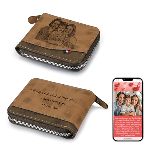 Personalized Wallet for Men – Custom Engraved Leather Wallet with NFC Smart Album – Store Photos & Engrave Name/Text – Unique Gift for Husband, Boyfriend, Dad (Light Brown - With Zipper)