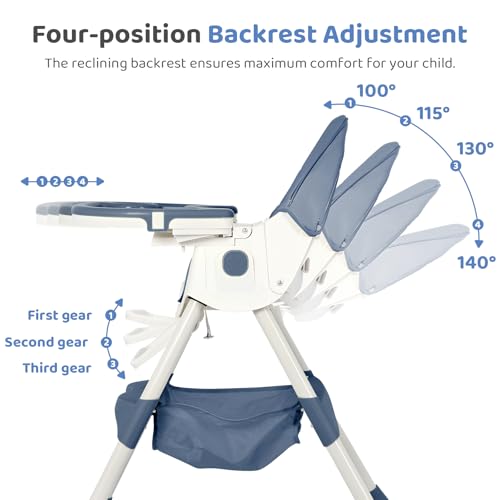Image of 6 in 1 High Chairs for Babies and Toddlers,Portable Foldable High Chair with Wheels& Pu Cushion, Adjustable Height, Reclining Seat, 5-Point Safety Harness, Removable Tray