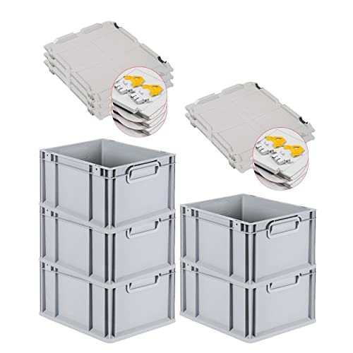 PROREGAL SuperSparSet 5x Eurobox NextGen Grip mit Scharnierdeckel und gelben Schiebeschnappverschlüssen HxBxT 22x30x40cm 20 L Grau Griffe geschlossen Eurobehälter Transportbox